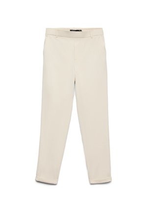 Beežid kitsad püksid vööaasadega, lühendatud äärega ja lameda esiosaga, disainitud elegantseks istuvuseks.