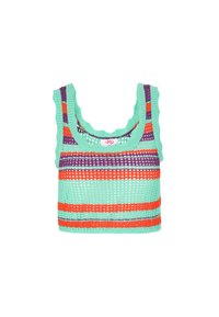 Horgolt crop top mentazöld színben, színes vízszintes csíkokkal narancssárga, lila és piros árnyalatokban. Fodros nyakkivágás és karöltők.