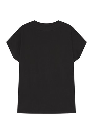 T-shirt noir à manches courtes en coton, avec un design simple, coupe décontractée et encolure légèrement arrondie. Aucun motif ou accent visible.
