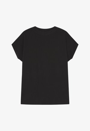 T-shirt noir à manches courtes en coton, avec un design simple, coupe décontractée et encolure légèrement arrondie. Aucun motif ou accent visible.