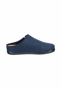 Navy blue felt slip-on shoe with a rounded toe and a flexible black rubber sole. Features a smooth texture and open back design.