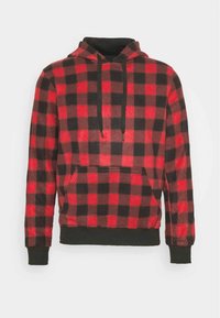 Rot-schwarzer karierteter Fleece-Hoodie mit einer Vorderseite-Tasche, Kapuze mit Kordelzug und gerippten Bündchen und Saum. Weicher Stoff.