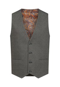 Grå houndstooth vest med fem knapper, to lommer og en mønstret orange og brun foring. Stoffet virker struktureret og sofistikeret.