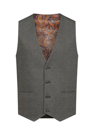 Gilet grigio a motivo houndstooth con cinque bottoni, due tasche e un fodero a motivi arancioni e marroni. Il tessuto appare strutturato e sofisticato.