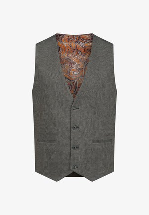 Grå houndstooth vest med fem knapper, to lommer og en mønstret orange og brun foring. Stoffet virker struktureret og sofistikeret.