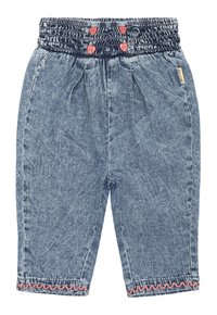 Pantaloni in denim con una vita elastica, dotati di due bottoni corallo, pieghe sul davanti e bordo rosso ondulato ai orli.