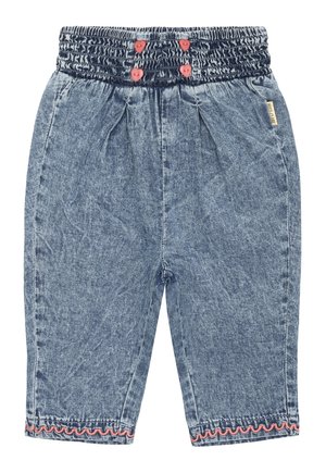 Pantaloni in denim con una vita elastica, dotati di due bottoni corallo, pieghe sul davanti e bordo rosso ondulato ai orli.
