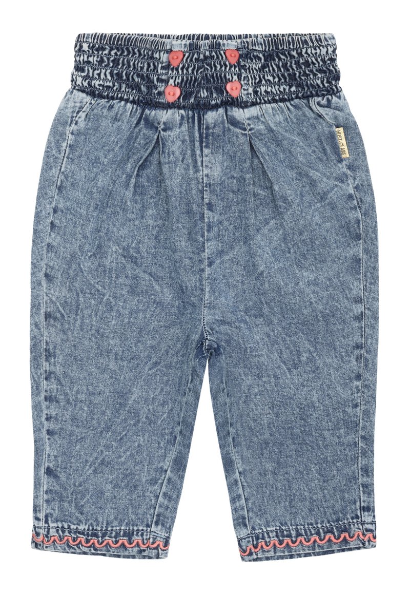 Pantaloni in denim con una vita elastica, dotati di due bottoni corallo, pieghe sul davanti e bordo rosso ondulato ai orli.