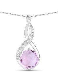 Sølvpind med en oval lavendelgemstone, omkranset af glitrende detaljer, med et snoet design og en fin kæde.