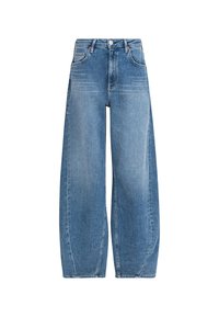 Lichtblauwe denim wijde pijp jeans met een hoge taille, voorkruiszakken en een knoopsluiting. Licht vervaagde textuur en een schone afwerking.