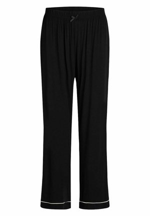 Pantalones de lounge negros con un ajuste holgado, cinturilla elástica y cordón, con un ribete blanco en los dobladillos para contraste. Textura de tela suave.