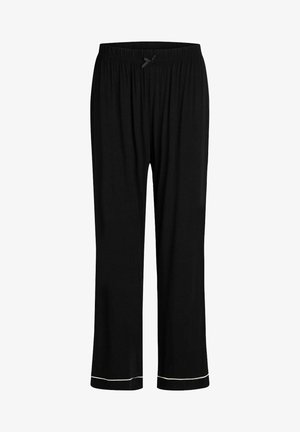 Pantalones de lounge negros con un ajuste holgado, cinturilla elástica y cordón, con un ribete blanco en los dobladillos para contraste. Textura de tela suave.