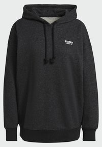 Czarna bluza z kapturem wykonana z miękkiego materiału, z długimi rękawami, kieszenią kangurką oraz małym logo na piersi. Posiada regulowane sznurki.