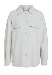 Jasnoszara wełniana kurtka z guzikami z przodu, dwoma kieszeniami na klatce piersiowej z klapami i guzikami oraz kieszeniami bocznymi, z klasycznym kołnierzem.