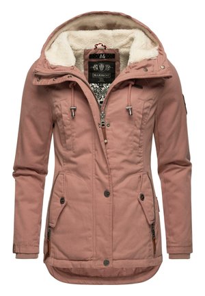 Pink outerwear jacket with a faux fur-lined hood, zip and snap closures, multiple pockets, and ribbed cuffs. Durable fabric with smooth texture.