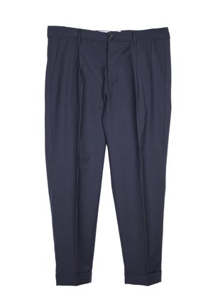 Pantaloni formali blu navy con passanti per cintura, chiusura con bottone e cerniera, tasche laterali e orli risvoltabili.