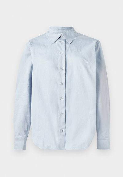 Light blue long-sleeve button-up shirt, made from smooth fabric. Features a classic collar, front buttons, and rounded hem.