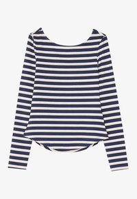 Long-sleeve top featuring navy and cream horizontal stripes, round neckline, soft fabric, and a slightly curved hemline.
