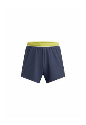 Navy blue athletic shorts with a lightweight, smooth texture and a bright yellow elastic waistband. Features a loose-fit design for comfort.