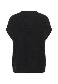Black knitted sweater with short sleeves, featuring a textured fabric and a relaxed fit design. No visible patterns or hardware.