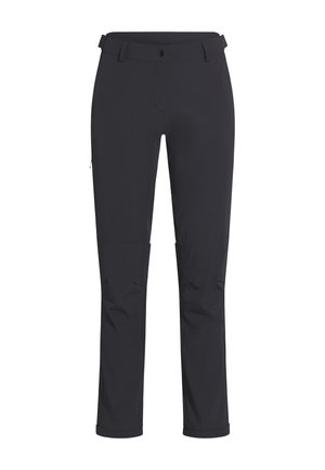 Pantalon noir à jambes droites avec passants de ceinture, bouton frontal, fermeture éclair, et poche latérale sur la cuisse droite, présenté sur fond blanc.