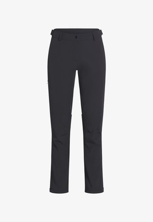 Pantalon noir à jambes droites avec passants de ceinture, bouton frontal, fermeture éclair, et poche latérale sur la cuisse droite, présenté sur fond blanc.