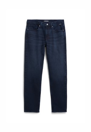 Donkerblauwe denim jeans met een recht model, vijf zakken en een knoopsluiting. Met subtiele vervaging en stikseldetails.