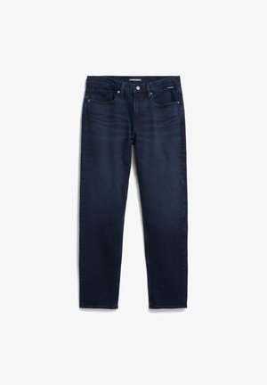 Dunkelblaue Jeans aus Denim mit geradem Bein, fünf Taschen und einem Knopfverschluss. Verfügt über dezente Verblassungen und Nähdetails.