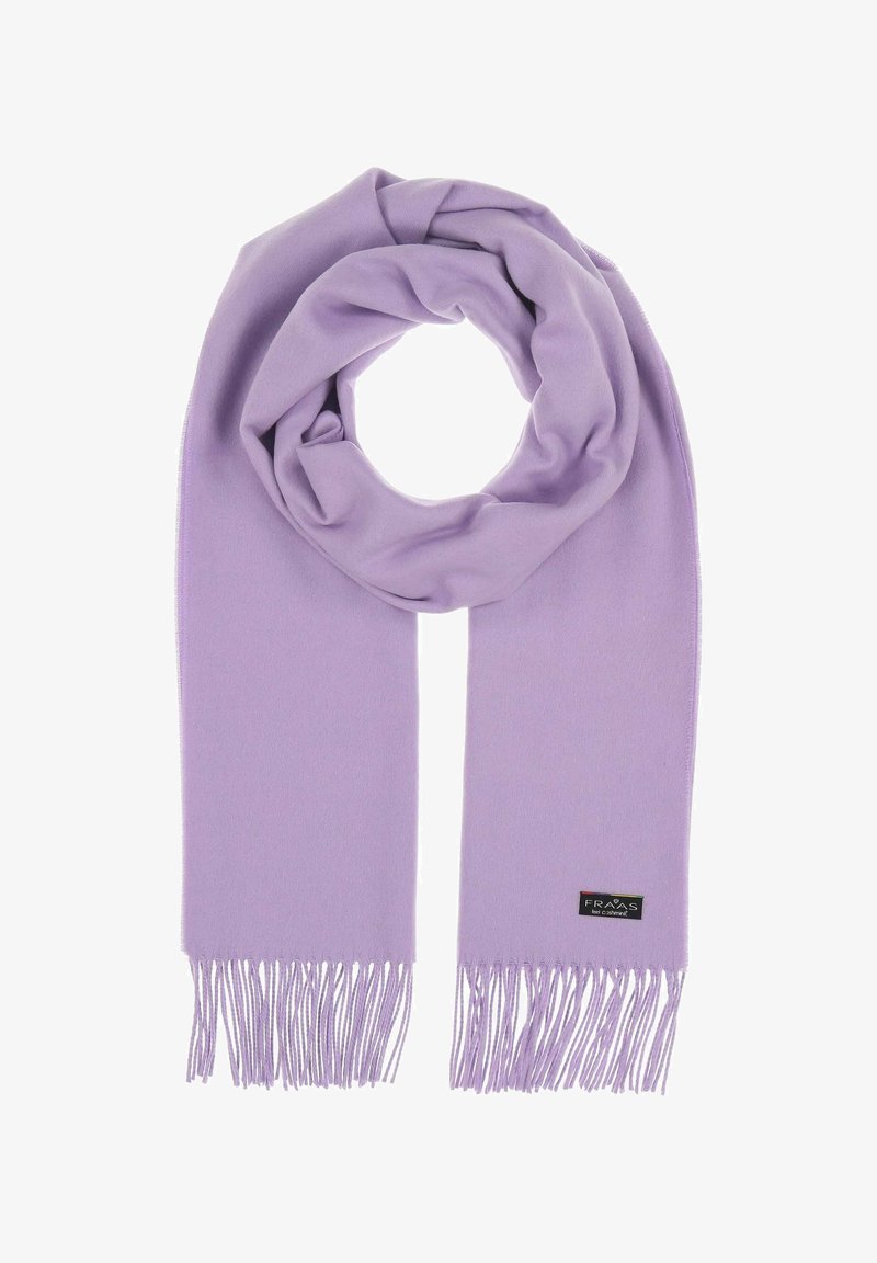 Lilla tørklæde lavet af blødt materiale, med en glat tekstur, frynset ender og et lille mærke nær den ene kant.