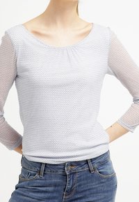 Vaaleansininen pitkähihaisuus yläosa, jossa on teksturoidut verkko hihat, pyöreä pääntie ja poimittu yksityiskohta kauluksessa. Yhdistetty farkkuihin.