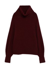 Burgundy turtleneck neulepaita, jossa on paksu neulostekstuuri, leveät hihat ja löysä istuvuus. Ominaisuuksiin kuuluu korkea, käännetty kaulus ja vähäinen muotoilu.