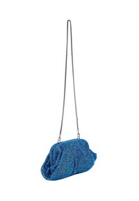 Borsa a tracolla blu con perline, dal design arricciato e tracolla a catena. Dotata di accenti metallici e superficie testurizzata. Forma rettangolare compatta.