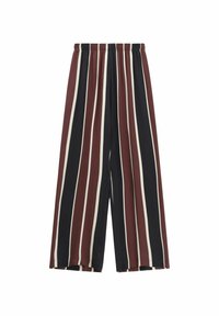 Pantaloni a gamba larga con righe verticali in bordeaux, blu navy e crema, dotati di cintura elastica e tessuto morbido.