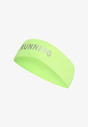 Fascia per capelli da corsa fluorescente verde con testo riflettente argento "RUNNING" stampato sulla parte anteriore.