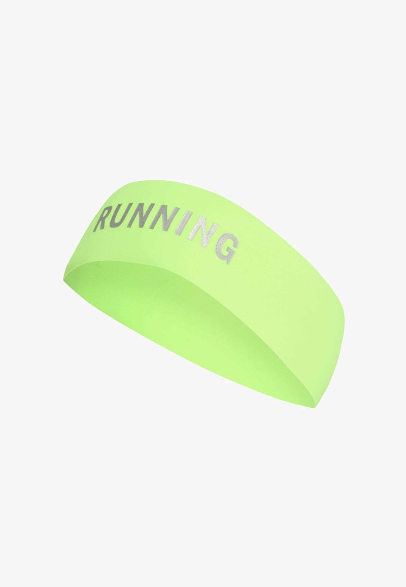 Bandeau de course fluorescent vert avec texte réfléchissant argenté "RUNNING" affiché à l'avant.