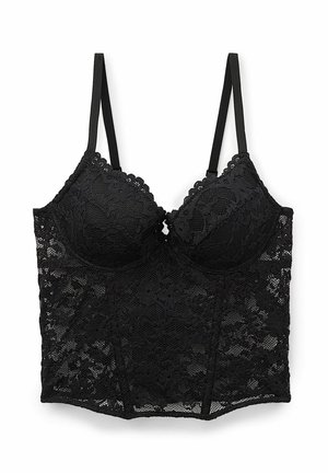 Schwarzer Spitzen-BH im Longline-Stil mit verstellbaren dünnen Trägern und floralem Muster, ausgestattet mit Unterwäschetassen und gewellten Kanten.