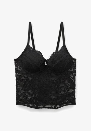 Schwarzer Spitzen-BH im Longline-Stil mit verstellbaren dünnen Trägern und floralem Muster, ausgestattet mit Unterwäschetassen und gewellten Kanten.