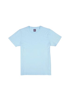 Light blue short-sleeve crew neck T-shirt with a small logo on the left chest and a purple tag at the collar.