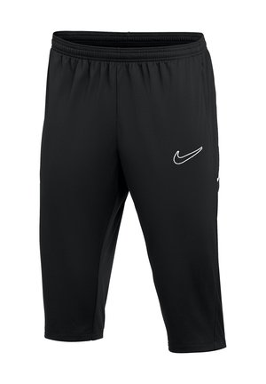 Černé sportovní šortky ke kolenům s elastickým pasem a bílým logem Nike Swoosh na pravém stehně.