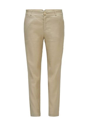 Pantalon beige taille haute slim-fit avec fermeture bouton et zip, passants pour ceinture et jambes droites effilées.