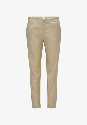Pantalon beige taille haute slim-fit avec fermeture bouton et zip, passants pour ceinture et jambes droites effilées.