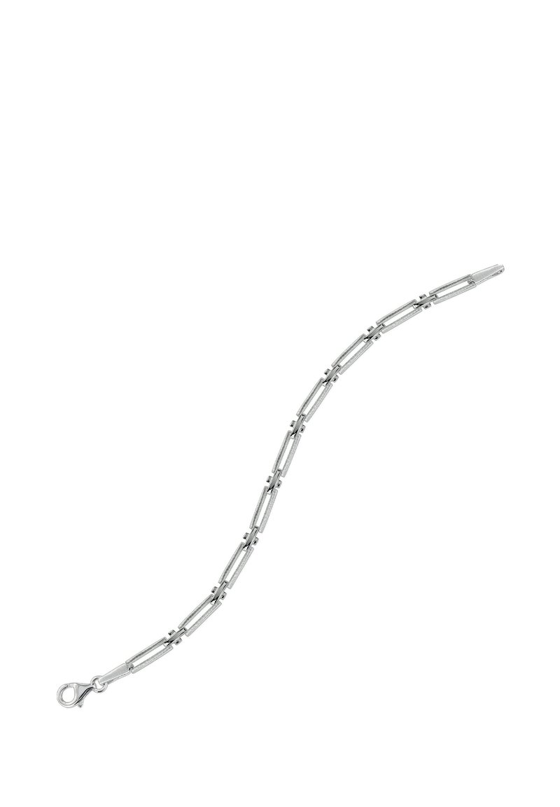 Bracelet en métal argenté avec des maillons rectangulaires allongés et des accents texturés, fermé par un fermoir mousqueton.