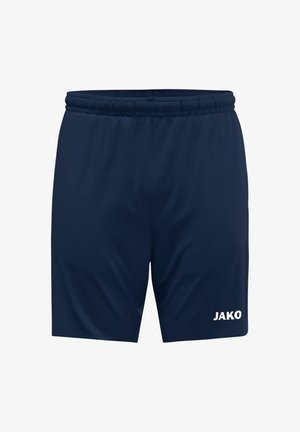 Marinefarbene Sportshorts aus leichtem Material. Mit elastischem Bund und weißem "JAKO"-Logo auf der unteren rechten Seite.