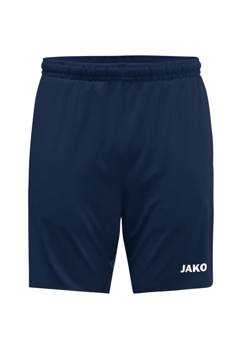 Marineblauwe sportshorts gemaakt van lichtgewicht stof. Bevat een elastische tailleband en een wit "JAKO" logo aan de onderkant rechts.