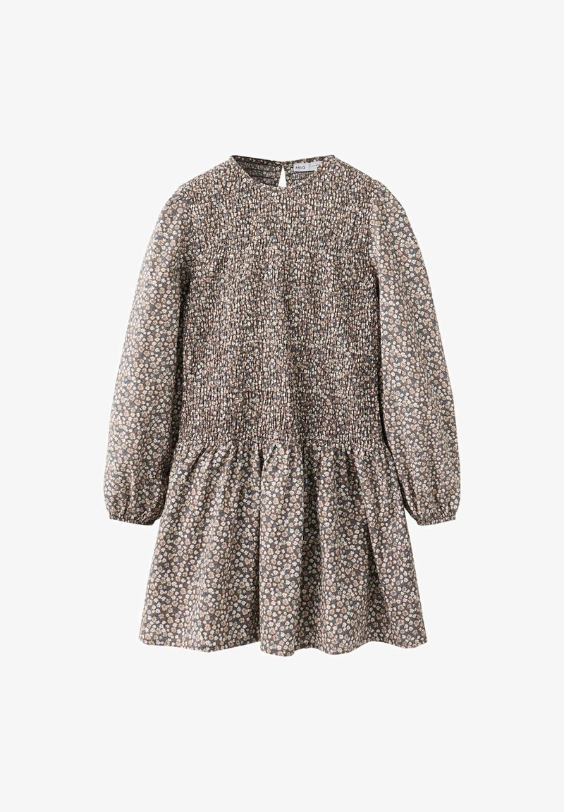 Robe à manches longues avec corsage smocké et petit motif floral dans des couleurs atténuées, dotée d'un col rond et d'une jupe froncée.