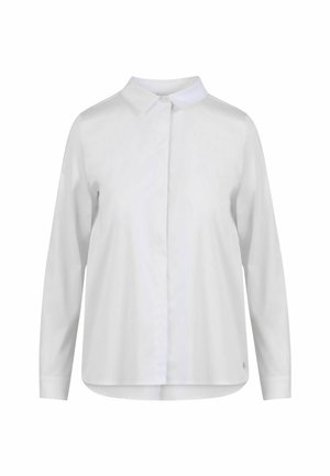 Cămașă albă cu mâneci lungi, guler clasic, închidere cu nasturi, croială dreaptă și textură subtilă, având un mic detaliu cu logo la tiv.