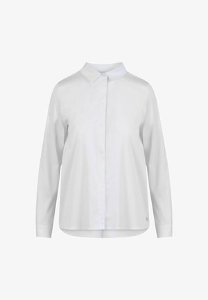 Cămașă albă cu mâneci lungi, guler clasic, închidere cu nasturi, croială dreaptă și textură subtilă, având un mic detaliu cu logo la tiv.