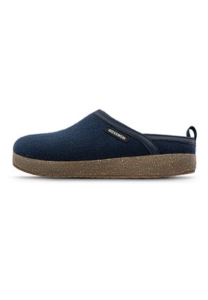 Navy slipper with textile upper, rounded design, and textured cork sole. Features a black logo and elastic side for easy wear.