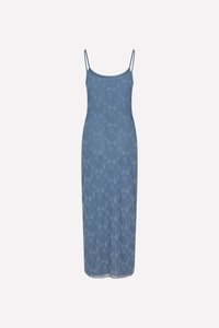 Blue, sleeveless maxi dress with spaghetti straps, featuring subtle floral patterns and a lightweight, flowing fabric texture.