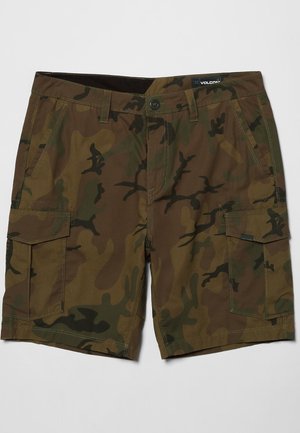 Herre camouflagemønstrede cargoshorts med sidelommer, bæltestropper og knaplukning i størrelse 32 fra Volcom.